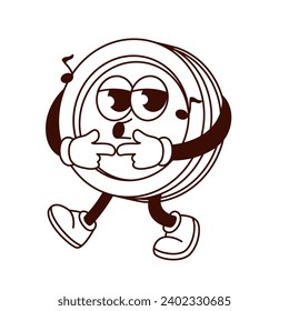 Groovy monochrome cookie character vector illustration. Cartoon isolated retro comic sweet food sticker of round chocolate cake with cream and funny face singing, cookie mascot