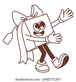 Groovy monochrome gift character vector illustration. Cartoon isolated retro funky sticker of birthday or Christmas present walking to party, paper gift box with ribbon, funny face, arms and legs