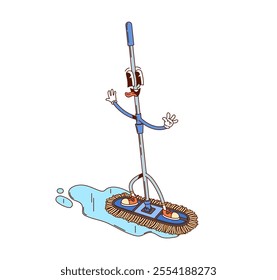 Groovy mop cleaning, washing and household tool cartoon character. Isolated vector fun housework personage embodies cleanup chores with playful twist, emphasizing cleanliness, and retro hippie vibe