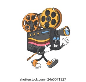 Groovy Filmkamera-Charakter. Verspielte anthropomorphe Vintage-Filmkamera mit Rollen und lächelndem Vektorgrafik, sorgloses Gehen mit Sneakers auf Beinen, Schaffung von funky Vibes