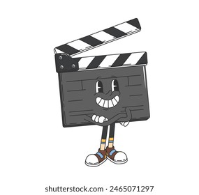 Groovy movie clapperboard character. Isolated cartoon vector anthropomorphic cinematography clapboard. Playful retro cinema personage with a smiling face, and crossed arms, wearing trendy sneakers