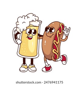 Bonita taza de cerveza y hotdog personajes de dibujos animados amigos. Divertido retro divertido amigos abrazando, cerveza con mascota de aperitivos, comida de dibujos animados y bebida para pub party sticker de los años 70 80 estilo de la Ilustración vectorial