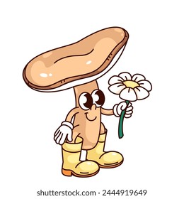 Personaje de dibujos animados de seta magnífica sosteniendo flor de margarita. Fungus feliz retro divertido en botas de goma amarillas, mascota de regalo floral sorpresa, etiqueta engomada de seta de dibujos animados de la Ilustración vectorial de estilo de los años 70 y 80