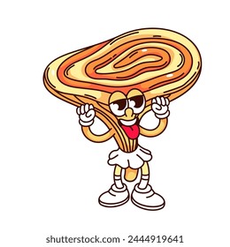 Groovy mushroom cartoon character with hypnotic spiral on cap. Funny retro crazy fungi with tongue sticking out and hands up, mascot, mushroom cartoon sticker of 70s 80s style vector illustration