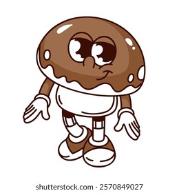 Groovy mushroom cartoon character standing. Funny retro psychedelic champignon with brown cap. Autumn, food mascot, cartoon forest edible mushroom sticker of 70s 80s style vector illustration