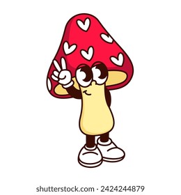 Groovy mushroom character with hearts on hat, vector illustration. Cartoon fly agaric mushroom with V finger, yellow red fungus with arms and legs, retro sticker valentine's