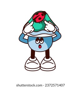 Groovy mushroom character vector illustration. Cartoon isolated funky blue sticker of mushroom pointing finger at ladybug on hat, mascot with arms and legs, psychedelic surprise expression on face