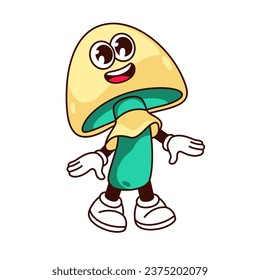 Groovy mushroom character vector illustration. Cartoon isolated psychedelic sticker of yellow green fungus with arms and legs, trippy face with smile and funky expression, magic weird mushroom