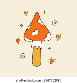 Groovy mushroom with deco elements. 70s, 80s, 90s vibes funky sticker. Retro amanita vector illustration. Vintage nostalgia element for card, poster design and print