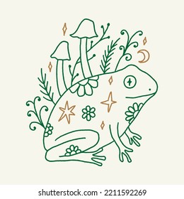 Groovy mushroom hippie frog or toad and mushroom vector and jpg printable image, unique boho clipart illustration, goblincore, witchcore, fairycore trendy aesthetic style. Perfect for poster or