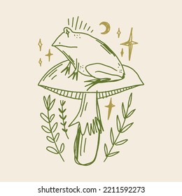 Groovy mushroom hippie frog or toad and mushroom vector and jpg printable image, unique boho clipart illustration, goblincore, witchcore, fairycore trendy aesthetic style. Perfect for poster or