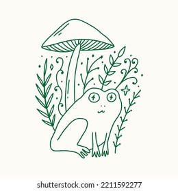 Groovy mushroom hippie frog or toad and mushroom vector and jpg printable image, unique boho clipart illustration, goblincore, witchcore, fairycore trendy aesthetic style. Perfect for poster or