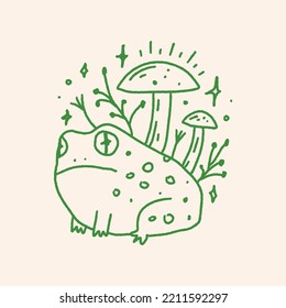 Groovy mushroom hippie frog or toad and mushroom vector and jpg printable image, unique boho clipart illustration, goblincore, witchcore, fairycore trendy aesthetic style. Perfect for poster or