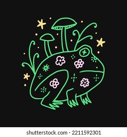 Groovy mushroom hippie frog or toad and mushroom vector and jpg printable image, unique boho clipart illustration, goblincore, witchcore, fairycore trendy aesthetic style. Perfect for poster or