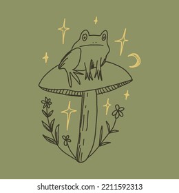 Groovy mushroom hippie frog or toad and mushroom vector and jpg printable image, unique boho clipart illustration, goblincore, witchcore, fairycore trendy aesthetic style. Perfect for poster or