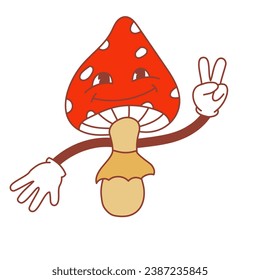 Groovy mushroom isolated on white background. Retro character, hippie 70s style. Vintage vector illustration