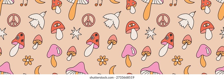 Patrón de seta Groovy con lindos hongos dibujados a mano, Formas retro caprichosas, colores pastel y cálidos, ilustración de estilo de garabato juguetón para tela, Fondo de pantalla, embalaje, diseño infantil y decoración moderna