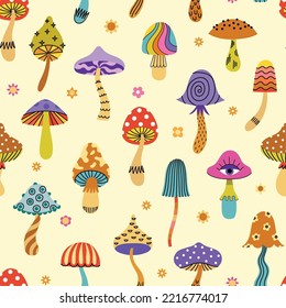 Groovy mushroom retro seamless pattern