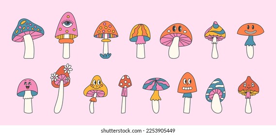 Groovy mushroom retro set with faces. Flat vector illustration.