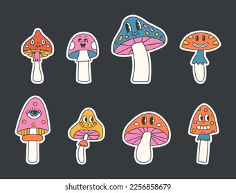 Groovy mushroom retro set with faces. Colorful flat vector illustration.
