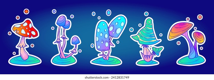 Groovy mushroom stickers set isolated on blue background. Contemporary vector illustration of neon color retro fungus patches, y2k art collection, vintage design elements for retrowave party poster