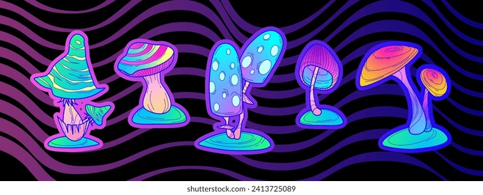 Groovy mushroom stickers set isolated on black background. Contemporary vector illustration of neon color fungus patches, wavy lines, y2k art collection, vintage design elements, retrowave vibe