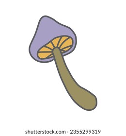 Groovy mushroom vector illustration. Hand drawn doodle autumn forest element. Trendy positive trippy fall design isolated on white background. Retro 70s good vibes graphic