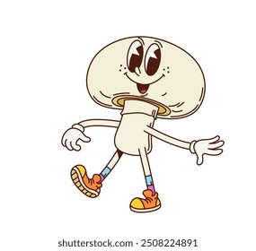 Groovy mushroom vegetable retro character. Isolated cartoon vector vintage cheerful champignon fungus personage with expressive eyes, wearing orange sneakers, walking with a happy and relaxed demeanor