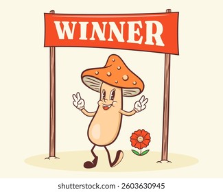 Groovy Mushroom Winner Retro Psychedelic Character Banner. Cartoon Shroom Personage Smiling under Finish Line. Vector Funny Mascot Template Trippy Design. Happy Vintage Cool Y2K Illustration. Isolated