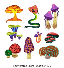 Groovy mushrooms 70s style vector illustrations set. Colorful psychedelic fungus isolated on white background. Mushrooms concept