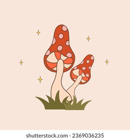 Groovy mushrooms. Abstract vintage agaric. Hippie vector illustration in flat cartoon style. Psychedelic funky funguses.