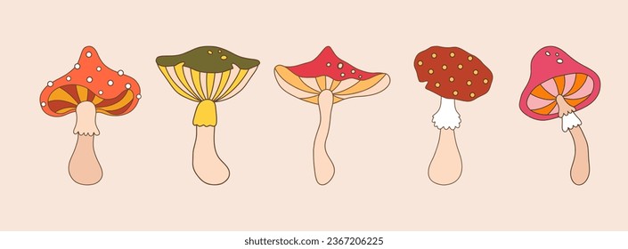 Groovy mushrooms. Abstract vintage elements. Hippie vector illustration in flat cartoon style. Psychedelic funky funguses