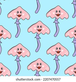 Groovy mushrooms childish seamless pattern. Funny colorful Enchanted garden seamless background with toadstool character. Fairy mushroom, psychedelic amanita repeat vector illustration