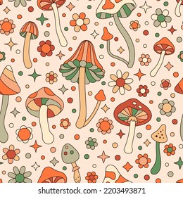 Groovy Mushrooms and Daisy Flowers Seamless Pattern. Retro Hippie Vector Background in 70s 80s Style for Print on Textile, Wrapping Paper, Web Design. Pink, Orange and Green Colors.