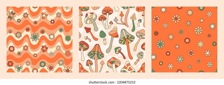 Groovy Mushrooms and Daisy Flowers Seamless Patterns Set. Retro Hippie Vector Background in 70s 80s Style for Print on Textile, Wrapping Paper, Web Design. Orange and Green Colors.