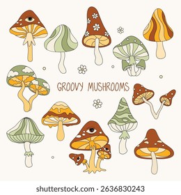 Groovy mushrooms doodles cute cartoon