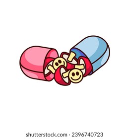 Groovy mushrooms and emoji pour out of open capsule vector illustration. Cartoon isolated retro comic sticker of blue and red hippie pill with psychedelic mushrooms and funky balls with smiles