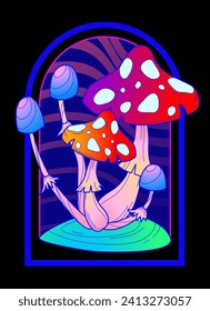 Groovy mushrooms isolated on black background. Contemporary vector illustration of neon color retro fungus patch, vintage y2k design element for retrowave party poster, vibrant funky fly agaric