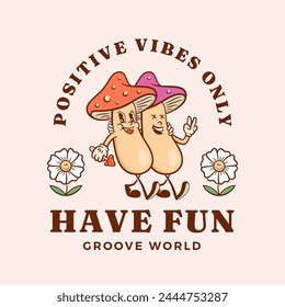 Groovy Mushrooms Retro Character Emblem Illustration. Cartoon Friends Walking Smiling Vector Logo Mascot Template. Happy Vintage Cool Psychedelic Rubberhose Style Drawing. Isolated