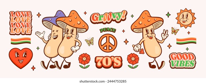 Groovy Mushrooms Retro Character Illustrations Set. Cartoon Friends Walking Smiling Vector Logo Mascot Templates Collection Happy Vintage Cool Psychedelic Peace and Love Rubberhose Style Drawings
