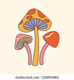 Groovy Mushrooms in retro hippie style graphic element. Psychedelic Abstract poster of the 70s style. Vector illustration design for posters, t-shirt, social media, cards and stickers.