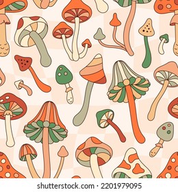 Groovy Mushrooms Seamless Pattern on Checkerboard Background. Retro Hippie Vector Background in 70s 80s Style for Print on Textile, Wrapping Paper, Web Design. Pink, Orange and Green Colors.