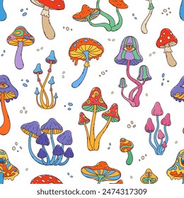 Setas magníficas sin patrón. Fondo de azulejos de Vector con retro, vibrante amanita, taburete o mosca de dibujos animados de agaric hippie hongos psicodélicos plantas con extravagante trippy, vibraciones funky nostálgicas