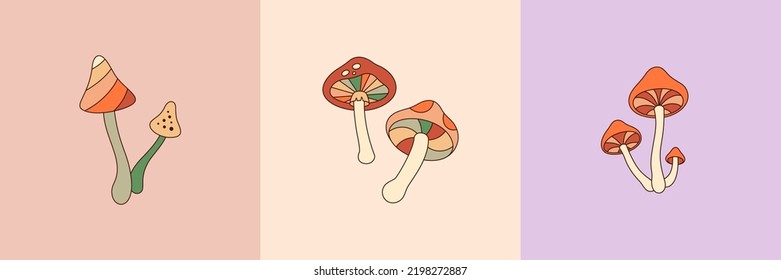 Groovy Mushrooms Set in Retro Hippie Style . Psychedelic Abstract Vector Illustration in 1970s for Print on T-Shirts, Cards, Creating Logo, Patterns, Web Design and Social Media.