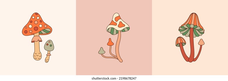 Groovy Mushrooms Set in Retro Hippie Style . Psychedelic Abstract Vector Illustration in 1970s for Print on T-Shirts, Cards, Creating Logo, Patterns, Social Media.