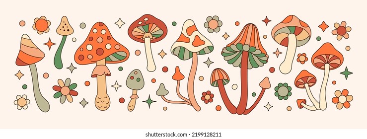 Groovy Mushrooms Set in Retro Hippie Style . Psychedelic Abstract Vector Illustration in 70s-80s for Print on T-Shirts, Cards, Creating Logo, Patterns, Web Design and Social Media.