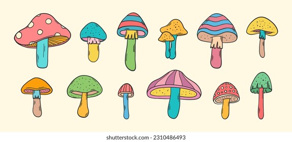Groovy mushrooms vector set. Hippie elements. 70s groovy hippie clipart. Retro groovy mushrooms stickers. Psychedelic funky 60s 70s doodles. Set of retro cartoon mushroom stickers.