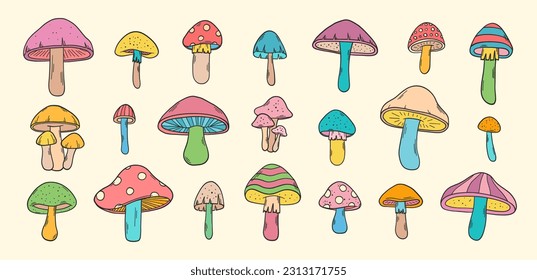 Groovy mushrooms vector set. Hippie elements. 70s groovy hippie clipart. Retro groovy mushrooms stickers. Psychedelic funky 60s 70s doodles. Set of retro cartoon mushroom stickers.