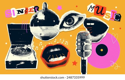 Groovy music mixed media collage stickers set with vinyl player, vintage microphone, mirror disco ball, singing mouth on bright background halftone cut-out elements. Vector illustration