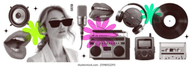 Groovy music mixed media halftone collage elements set with vinyl, vintage microphone, singing mouth, girl with headphones on transparent background, dotted elements. Vector illustration